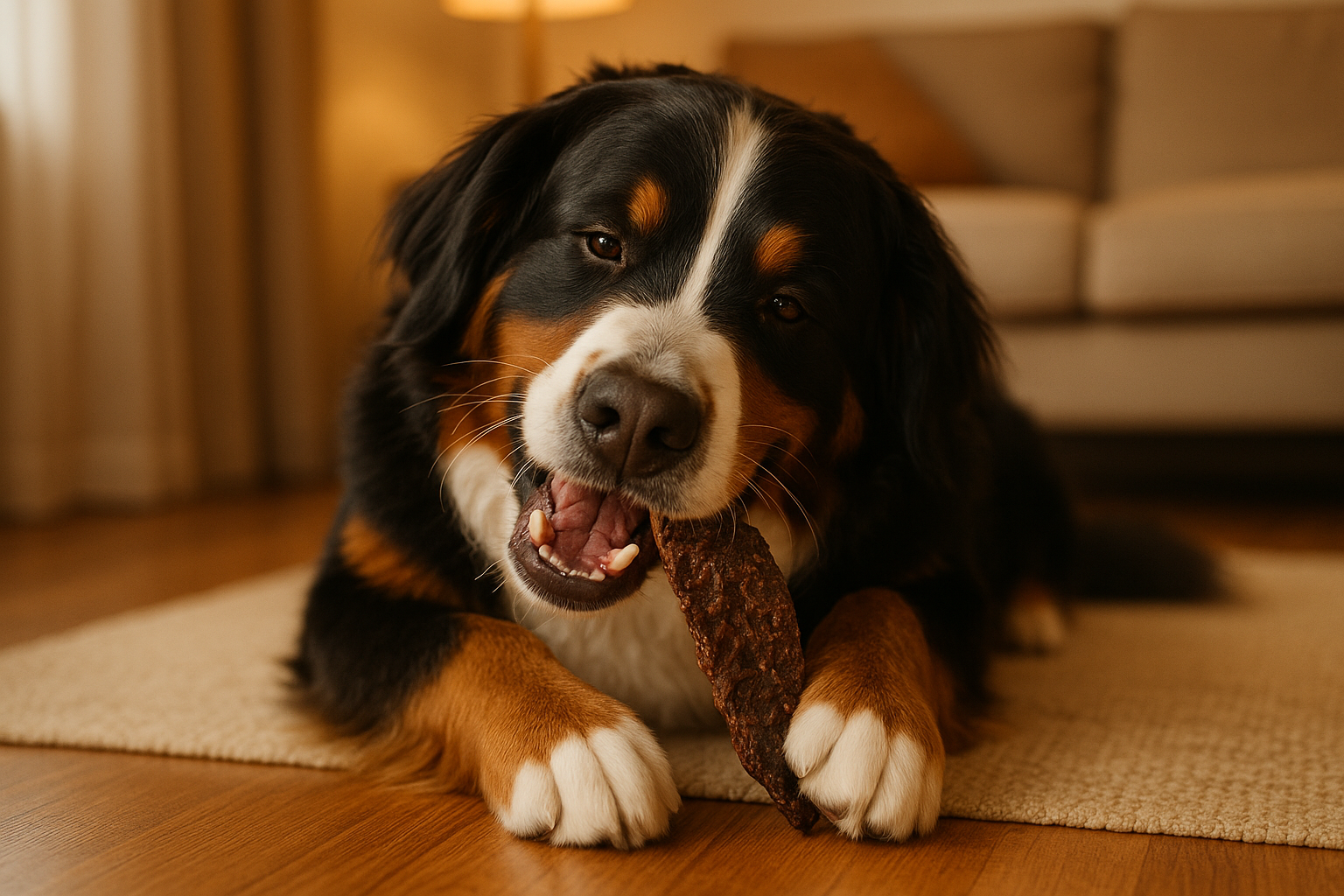 Bernese mountain dog eating beef lung dog chew 