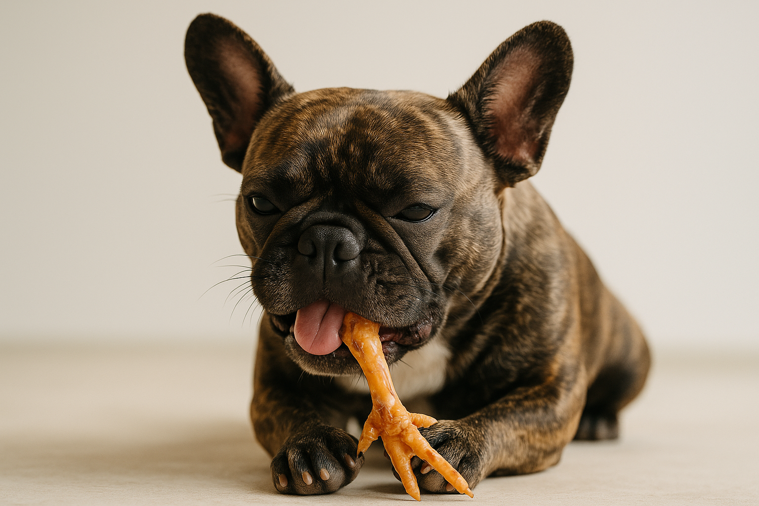 French bulldog eating chicken foot dog treat 